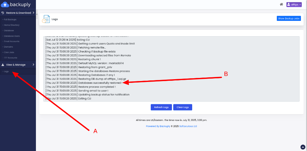 Backuply process logs