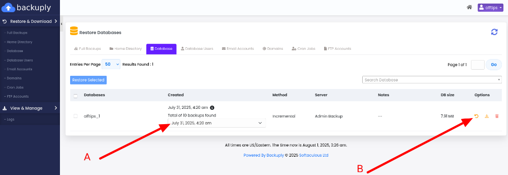 Return a database with Backuply