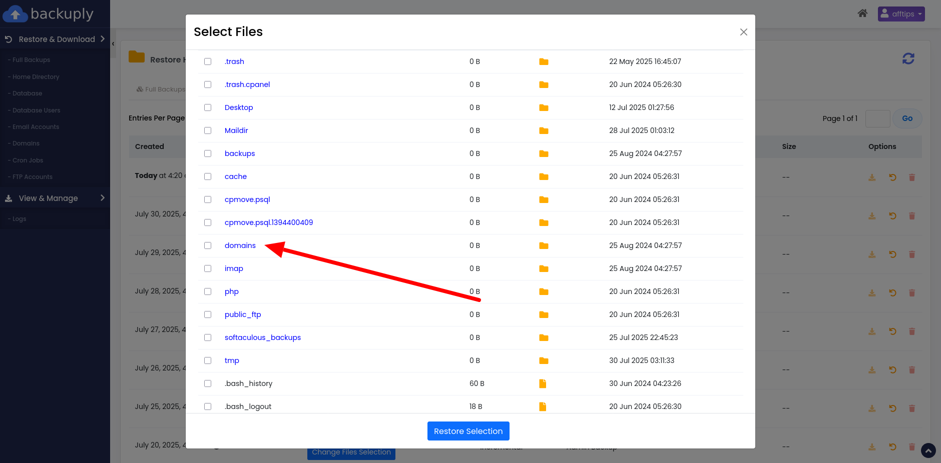 Return a folder or file with Backuply