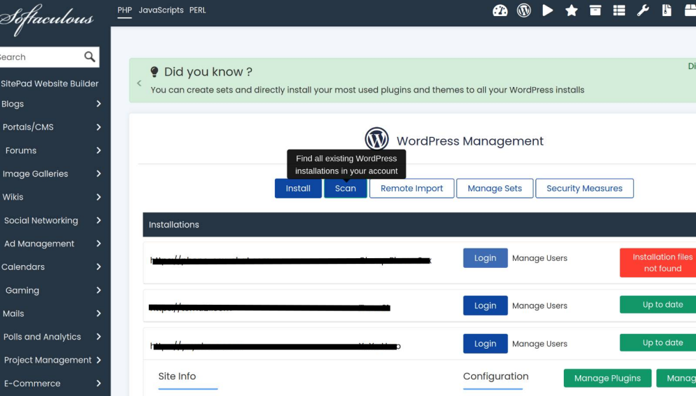 Softaculous scan wordpress websites