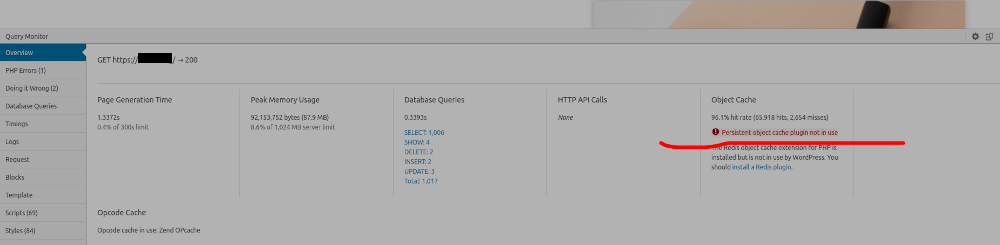 WP Query Monitor plugin - Object Cache