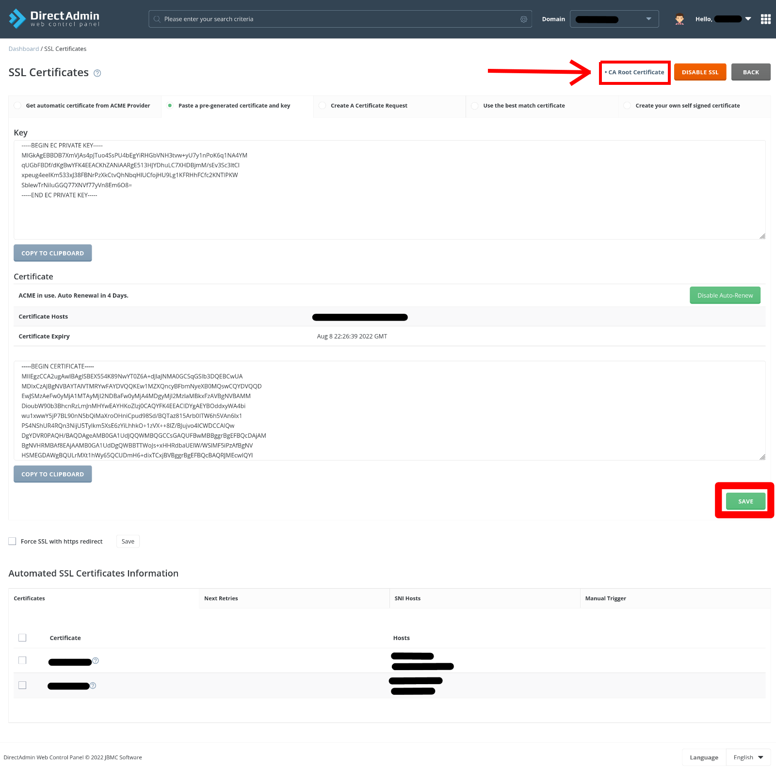 DirectAdmin SSL - Private RSA Key