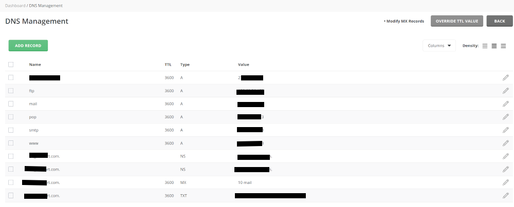 DNS Management Records Listing