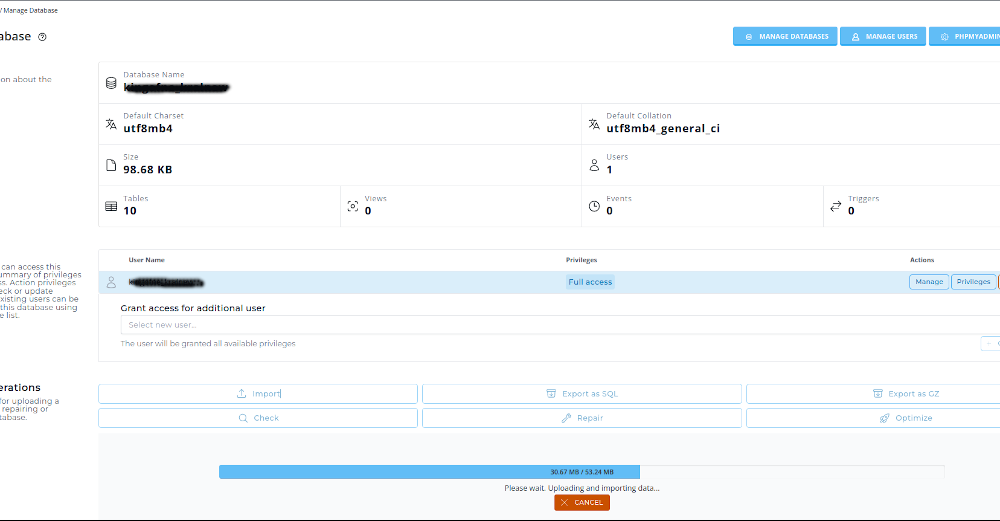 Databases Import in Directadmin