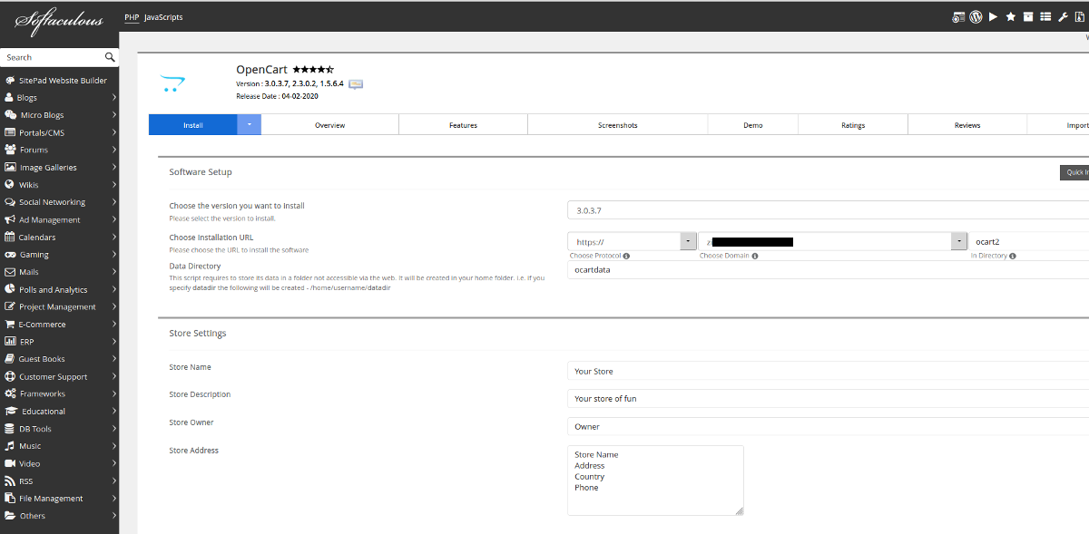 Opencart installation - DirectAdmin