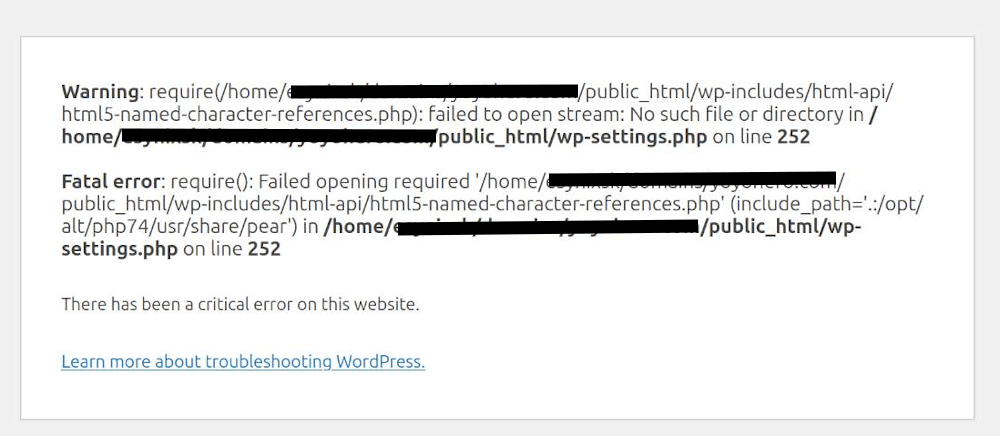 WordPress html api critical error